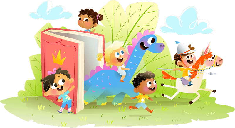 Children coming out of a storybook